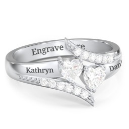 Flared Bypass Ring with Heart Gemstones and Accents in 925 Sterling Silver with Diamond