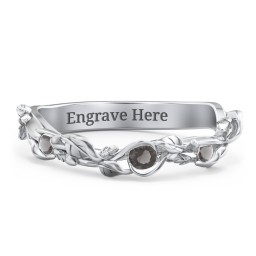 Leaf Band Ring with Gemstones in 925 Sterling Silver with Smokey Quartz