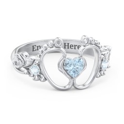 Baby Footprints Ring with Heart Cut Gemstone and Accents in 925 Sterling Silver with Aquamarine