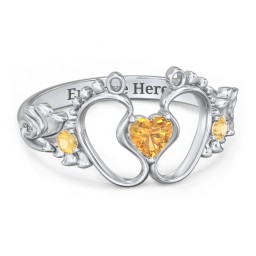 Baby Footprints Ring with Heart Cut Gemstone and Accents in 925 Sterling Silver with Citrine