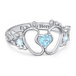 Baby Footprints Ring with Heart Cut Gemstone and Accents in 925 Sterling Silver with Blue Topaz