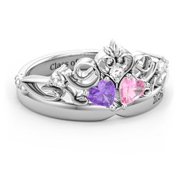 Engravable Double Heart Gemstone Tiara Ring with Accents