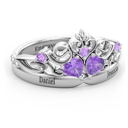 Engravable Double Heart Gemstone Tiara Ring with Accents