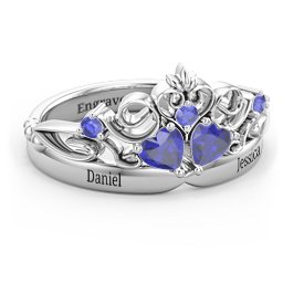 Engravable Double Heart Gemstone Tiara Ring with Accents