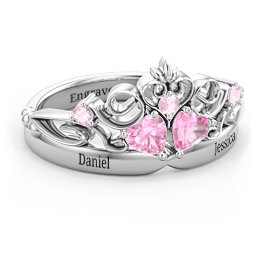 Engravable Double Heart Gemstone Tiara Ring with Accents