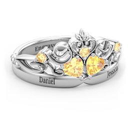 Engravable Double Heart Gemstone Tiara Ring with Accents
