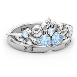 Engravable Double Heart Gemstone Tiara Ring with Accents
