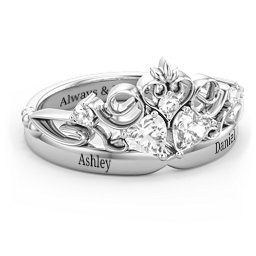 Engravable Double Heart Gemstone Tiara Ring with Accents