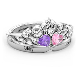 Engravable Double Heart Gemstone Tiara Ring with Accents