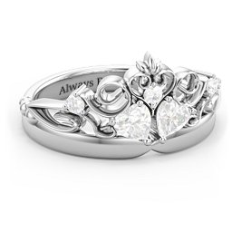 Engravable Double Heart Gemstone Tiara Ring with Accents in 925 Sterling Silver with Diamond