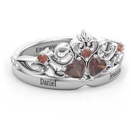 Engravable Double Heart Gemstone Tiara Ring with Accents in 925 Sterling Silver with Garnet