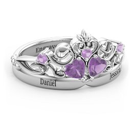 Engravable Double Heart Gemstone Tiara Ring with Accents in 925 Sterling Silver with Amethyst