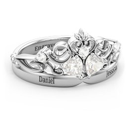 Engravable Double Heart Gemstone Tiara Ring with Accents in 925 Sterling Silver with Cubic Zirconia