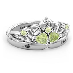 Engravable Double Heart Gemstone Tiara Ring with Accents in 925 Sterling Silver with Peridot