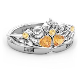 Engravable Double Heart Gemstone Tiara Ring with Accents in 925 Sterling Silver with Citrine