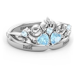 Engravable Double Heart Gemstone Tiara Ring with Accents in 925 Sterling Silver with Blue Topaz