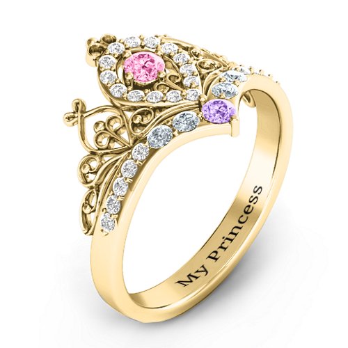 Queen Of My Heart Tiara Ring – 10K Yellow Gold with Pink Tourmaline, Amethyst, Cubic Zirconia, and White Premium Zirconia