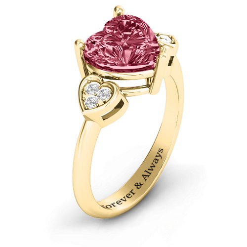 9mm Heart Brilliance Cubic Zirconia Ring with Heart-Set Accents – 10K Yellow Gold with Red Premium Zirconia and White Premium Zirconia
