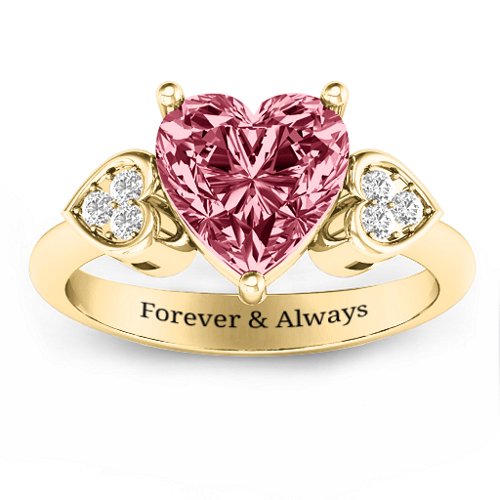 9mm Heart Brilliance Cubic Zirconia Ring with Heart-Set Accents – 10K Yellow Gold with Red Premium Zirconia and White Premium Zirconia