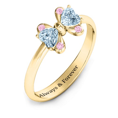 Beauty And The Bow Ring – 10K Yellow Gold with Aquamarine and Fancy Pink Premium Zirconia