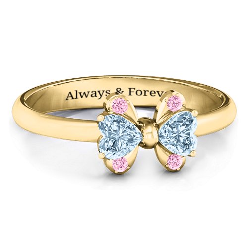 Beauty And The Bow Ring – 10K Yellow Gold with Aquamarine and Fancy Pink Premium Zirconia