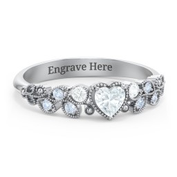 Heart Cut Gemstone Ring with Milgrain and Leaf Detailing in 925 Sterling Silver
