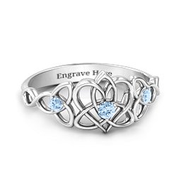 Triple Trinity Celtic Heart Ring in 925 Sterling Silver with Aquamarine