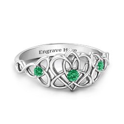 Triple Trinity Celtic Heart Ring in 925 Sterling Silver with Emerald