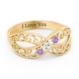 3 Stone Filigree Infinity Ring in 10K Solid Yellow Gold with Cubic Zirconia and Amethyst