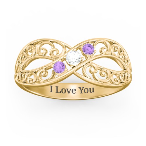 3 Stone Filigree Infinity Ring – 10K Yellow Gold with Cubic Zirconia and Amethyst