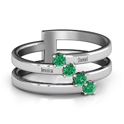Diagonal Dazzle Ring With 4-5 Gemstones in 925 Sterling Silver with Emerald and Ruby