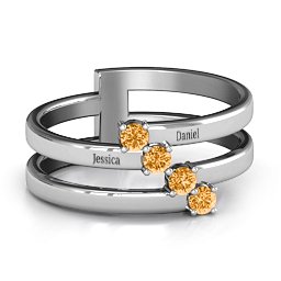 Diagonal Dazzle Ring With 4-5 Gemstones in 925 Sterling Silver with Citrine and Ruby