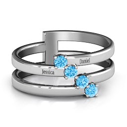 Diagonal Dazzle Ring With 4-5 Gemstones in 925 Sterling Silver with Blue Topaz and Ruby