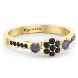 Trinity Cluster Ring with Birthstones and Accents in 18K Gold Plated Silver with Black Premium Zirconia and Alexandrite