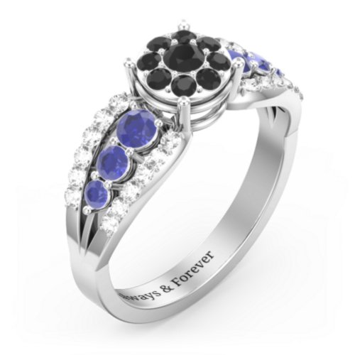 Andromeda Round Cluster Ring – 10K White Gold with Black Premium Zirconia, Blue Sapphire, and White Premium Zirconia