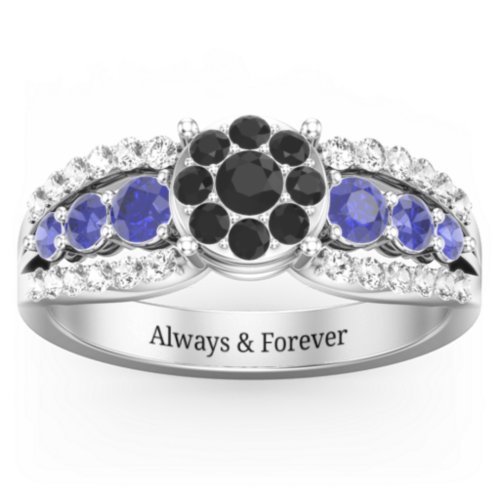 Andromeda Round Cluster Ring – 10K White Gold with Black Premium Zirconia, Blue Sapphire, and White Premium Zirconia