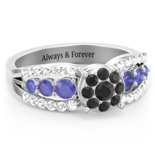 Andromeda Round Cluster Ring – 10K White Gold with Black Premium Zirconia, Blue Sapphire, and White Premium Zirconia