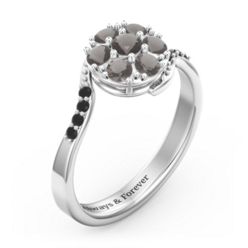 Ariel Round Cluster Ring – Sterling Silver with Smokey Quartz and Black Premium Zirconia