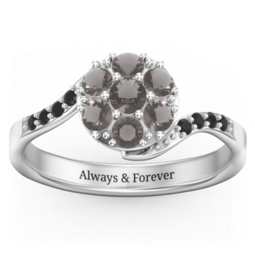 Ariel Round Cluster Ring – Sterling Silver with Smokey Quartz and Black Premium Zirconia
