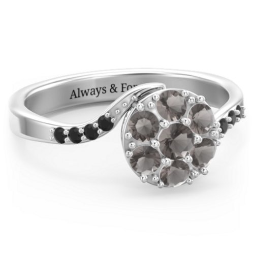 Ariel Round Cluster Ring – Sterling Silver with Smokey Quartz and Black Premium Zirconia