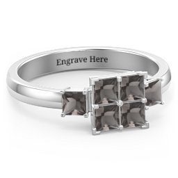 Diana Princess Cut Cluster Ring with Birthstones in 925 Sterling Silver with Smokey Quartz