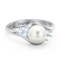 7mm Freshwater Pearl Wave Ring with Accents in 925 Sterling Silver with Freshwater Pearl and Aquamarine