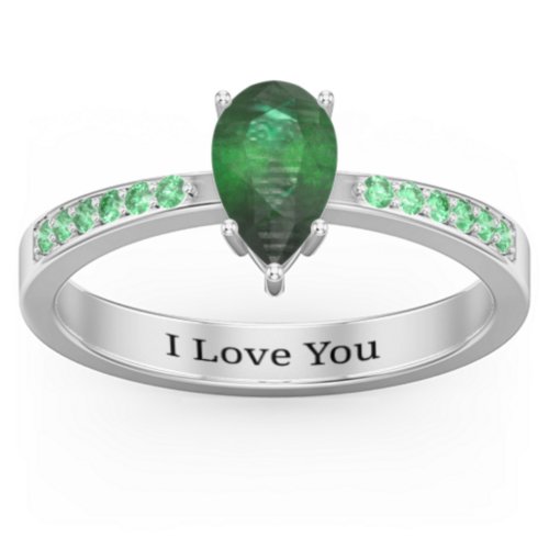 Fancy Pear Shape Ring with Accent band – Sterling Silver with Emerald and Green Premium Zirconia