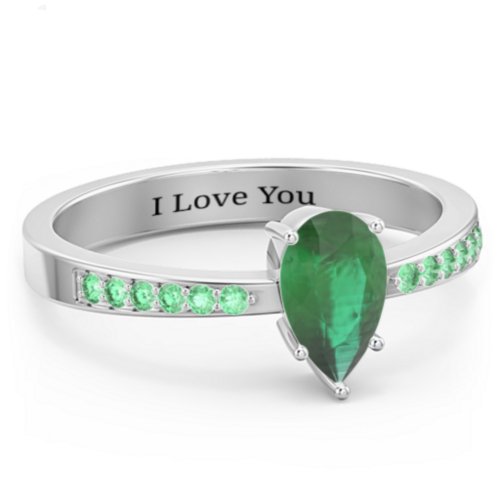 Fancy Pear Shape Ring with Accent band – Sterling Silver with Emerald and Green Premium Zirconia