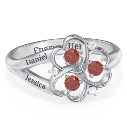 Engravable Intertwined Triple Heart Ring with Gemstones in 925 Sterling Silver with Garnet and White Premium Zirconia
