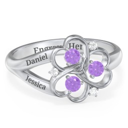 Engravable Intertwined Triple Heart Ring with Gemstones in 925 Sterling Silver with Amethyst and White Premium Zirconia
