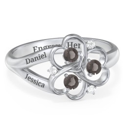 Engravable Intertwined Triple Heart Ring with Gemstones in 925 Sterling Silver with Smokey Quartz and White Premium Zirconia