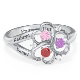 Engravable Intertwined Triple Heart Ring with Gemstones in 10K Solid White Gold with Pink Tourmaline, Garnet, Amethyst, and White Premium Zirconia