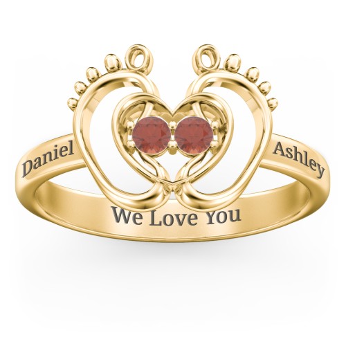 Baby Footprint and Heart Ring with Gemstones – 10K Yellow Gold with Garnet
