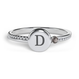 Engravable Disc Ring with Gemstone and Beaded Band in 925 Sterling Silver